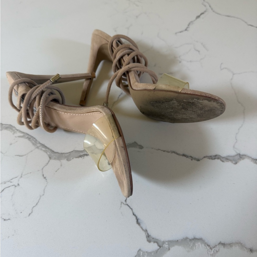 Steve Madden Beige Lace-Up Stiletto Heels with Clear Strap